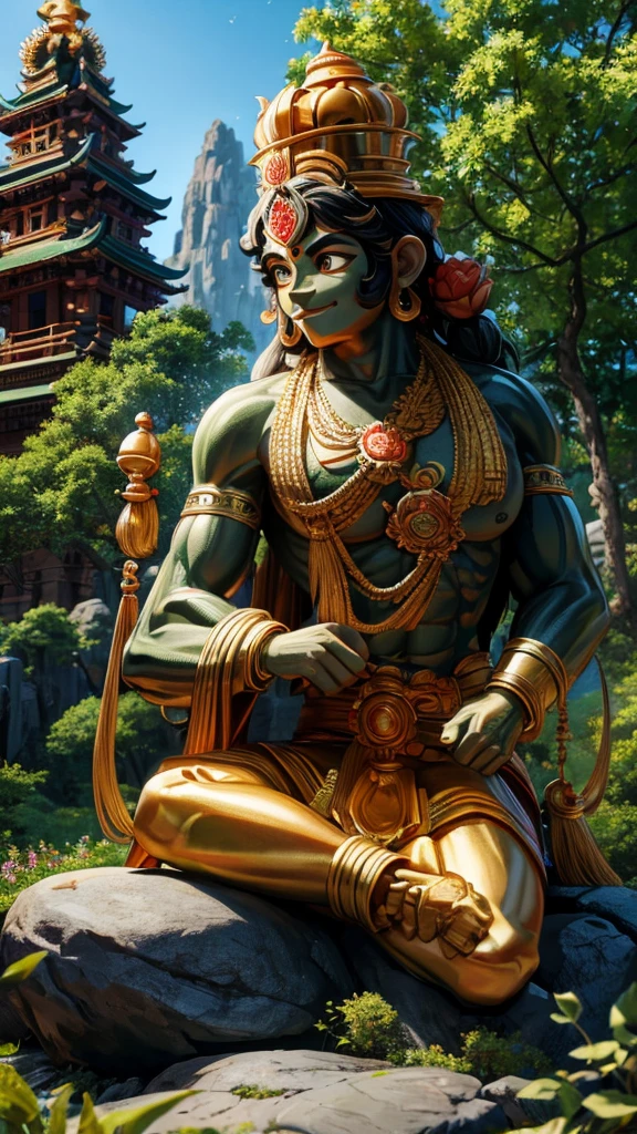 lord hanuman sitting on black rock he surrounded by green trees and a temple behind him, camera view from far, detailed hanuman, detailed trees, detailed rock, detailed temple, highly detailed, best quality, masterpiece, 8k wallpaper.