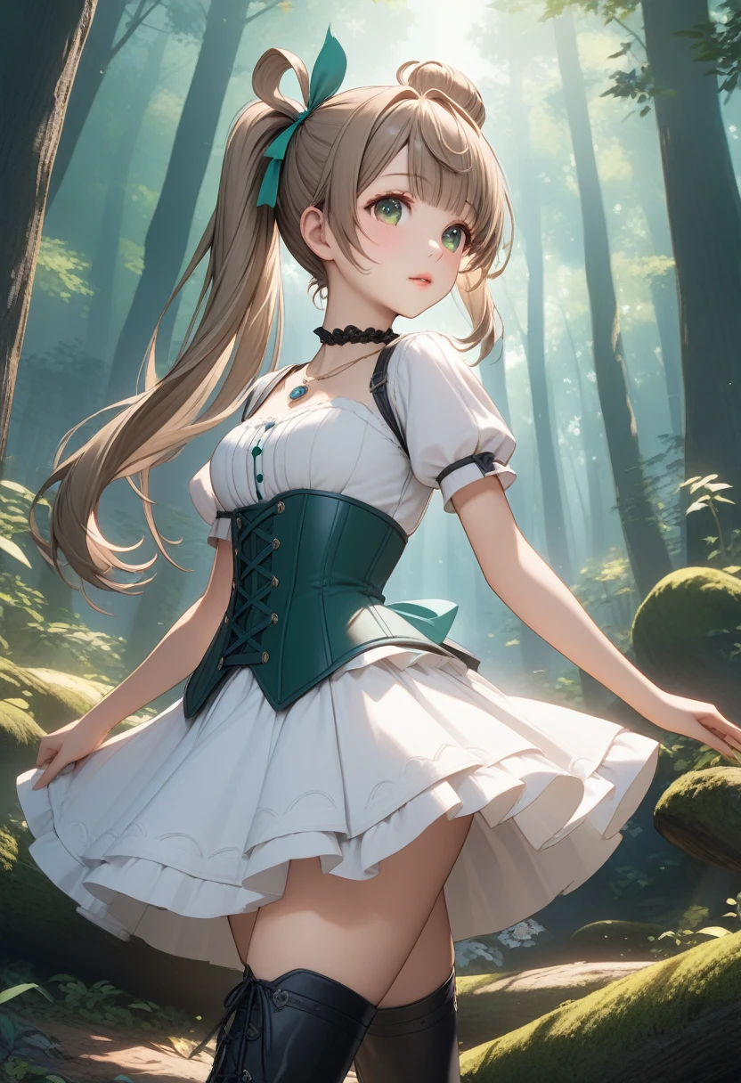 Minami Kotori, One side up, Hair Ribbon, masterpiece, Highest quality, High resolution, unity 8k wallpaper, figure, Detailed eyes, Highly detailed face, Extremely detailed CG, Glossy Lips, light makeup, Are standing, corset, panties, Thigh-high boots, necklace, (forest), (後ろから見たfigure), Looking back at the audience
