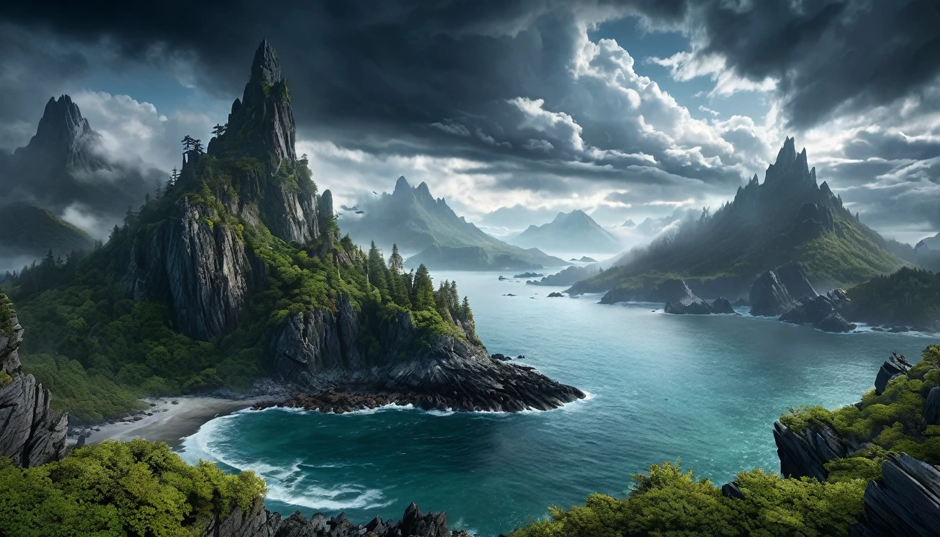 Panoramic view, a mysterious and inaccessible dark fantasy island, rocky and rugged coastline, tall mountains with peaks hidden in the clouds, dragon island, ominous atmosphere, dramatic lighting, moody and dramatic colors, (best quality,4k,8k,highres,masterpiece:1.2),ultra-detailed,(realistic,photorealistic,photo-realistic:1.37),dramatic lighting,moody colors,dark fantasy,horror,fantasy,dramatic clouds,rocky mountains,fog,mist,dramatic coastline,jagged rocks,dragon,mystical island,dense forests,overgrown vegetation,abandoned structures,ruins,crumbling architecture