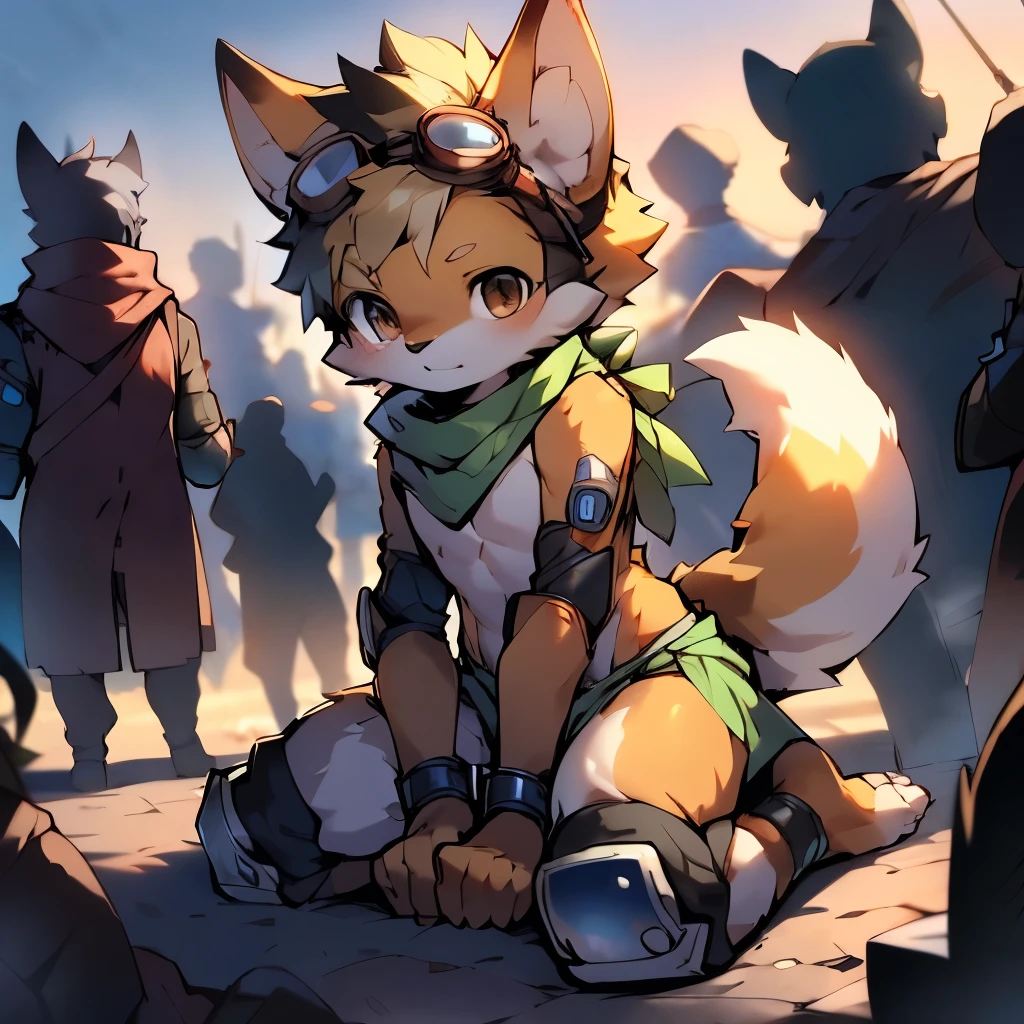 teenager毛茸茸, hairy, teenager, red fox, Brown spiky hair on the head, collar, Brown eyes, goggles, Green loincloth, green scarf, Elbow pads, Knee pads, masterpiece, No muscles, Detailed hands, Delicate face, Delicate eyes, Detailed body, flat body, Skinny, paw, high resolution, Metal cuffs on wrists, Metal cuffs on ankles, No shirt, No underwear, crowded, Kneel down, lol