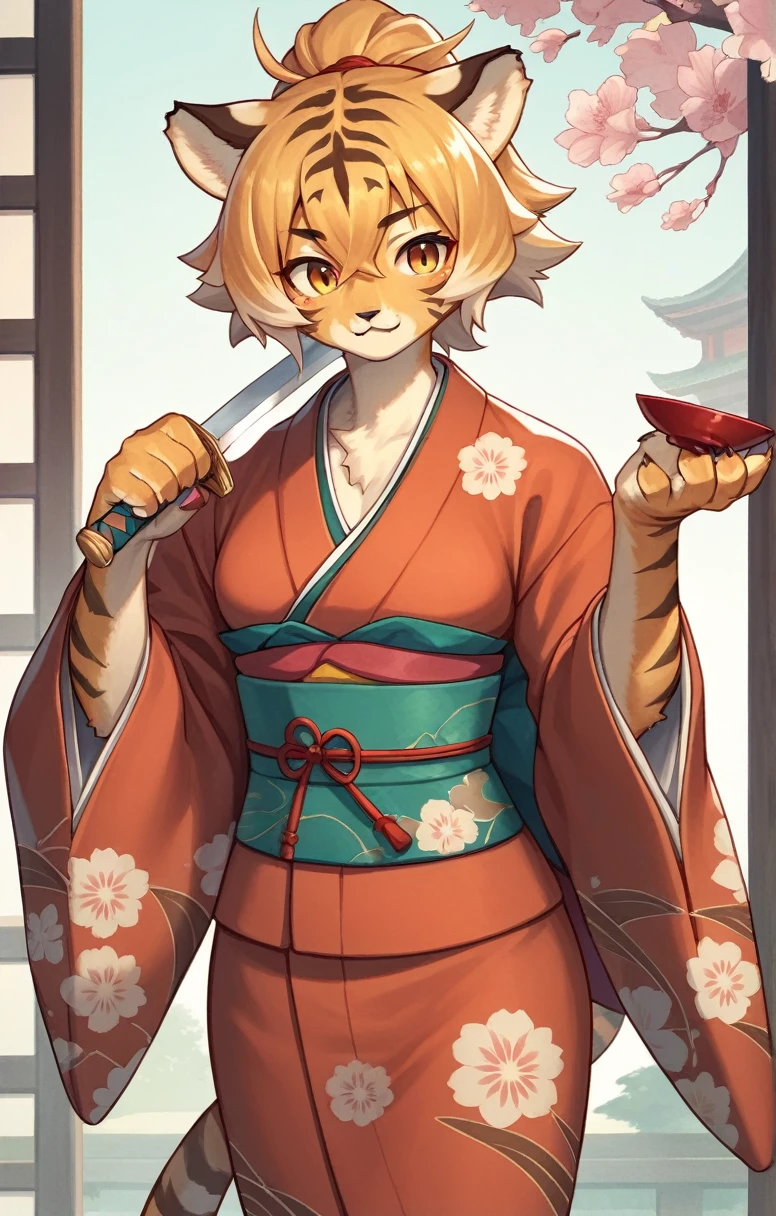 ((masterpiece,cute,Tiger Girl,kimono,A Cup,Fighter)),((Sword in right hand,The left hand is bare hand)),Japanese Style,alone,kemono,Cat girl,Female furry,Background crop,humanoid cheetah,Fantasy,
