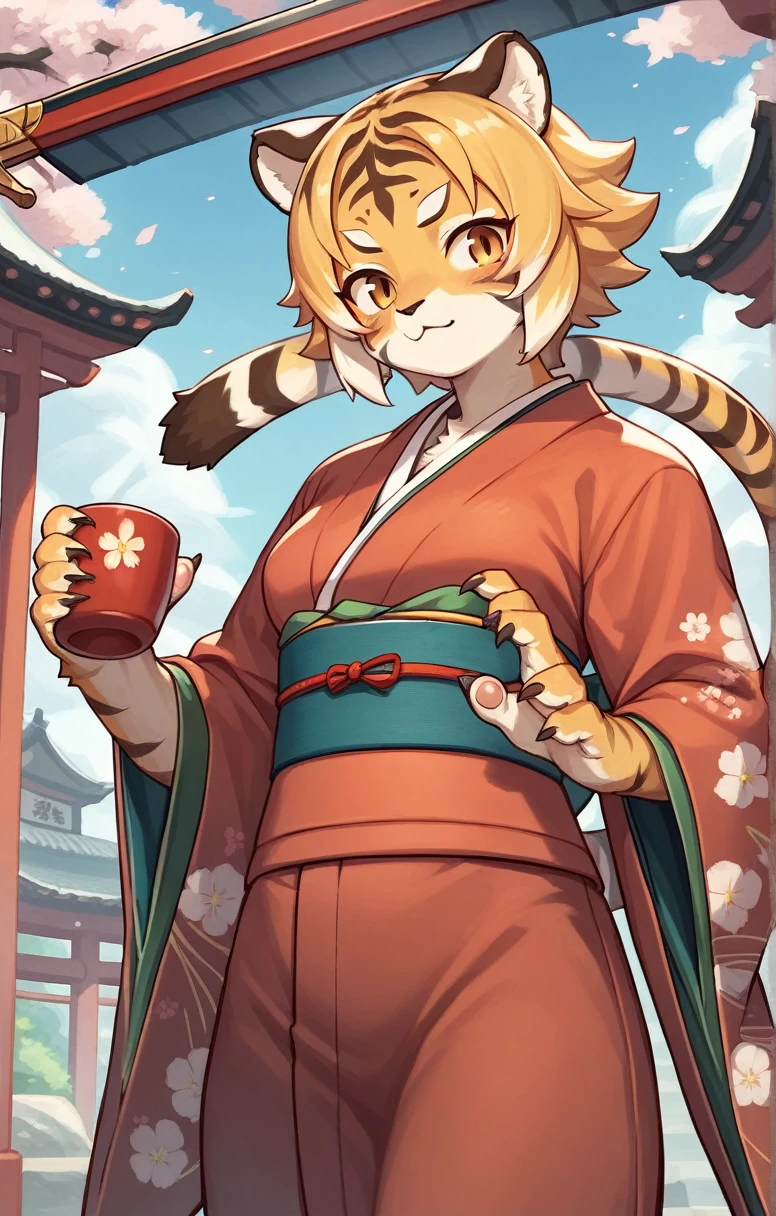 ((masterpiece,cute,Tiger Girl,kimono,A Cup,Fighter)),((Sword in right hand,The left hand is bare hand)),Japanese Style,alone,kemono,Cat girl,Female furry,Background crop,humanoid cheetah,Fantasy,