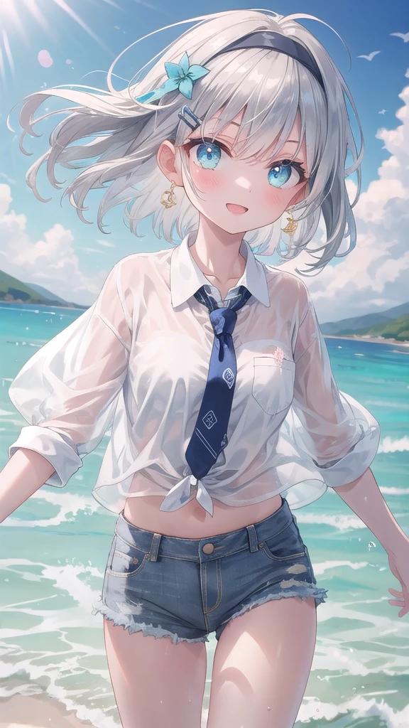 (8K, best quality, master piece: 1.3),super high resolution,1 girl, solo, cowboy shot ,ultra-detailed face, silme, (silver gray hair), thin hair clip, cyan colorshift eyes, expressive eyes, Ecstatic expression,Hippie style, cotton, denim, tie-dye, blue, headband, sunglasses, Sandy beach, gold, blue, white, bright and relaxing