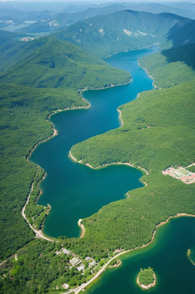 Image of a lake in the forest shaped like a world map