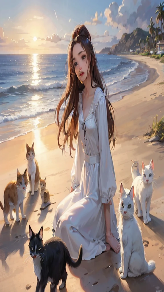 Beautiful evening beach with stars, waves illuminated by the setting sun, Calm and quiet waves、Beautiful woman singing a cappella on a sandy beach on a small island, beautiful blue eyes, long brown hair, (( The woman's face is beautiful and detailed)), Wet and glowing, white dress, white cart, walking shoes)),There are multiple cats on the beach、 ((highest quality)), ((high resolution 16k)), ((The background is realistic and beautiful.)), --automatic