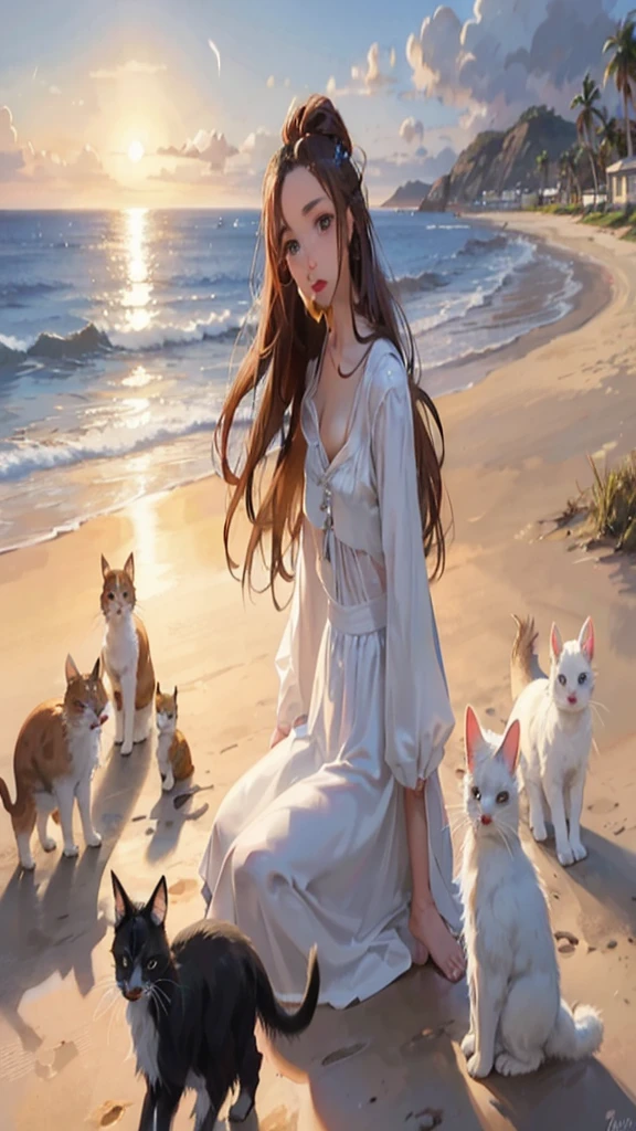 Beautiful evening beach with stars, waves illuminated by the setting sun, Calm and quiet waves、Beautiful woman singing a cappella on a sandy beach on a small island, beautiful blue eyes, long brown hair, (( The woman's face is beautiful and detailed)), Wet and glowing, white dress, white cart, walking shoes)),There are multiple cats on the beach、 ((highest quality)), ((high resolution 16k)), ((The background is realistic and beautiful.)), --automatic
