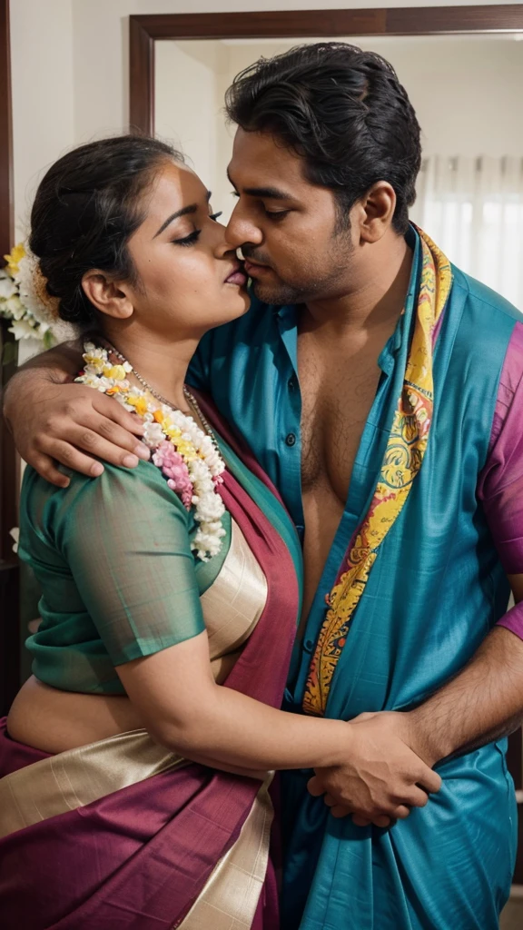 a  50-year-old shirtless man  affectionately hugging and kissing aradiant, full-figured South Indian plus-sized 30 year old teacher wearing a multicolour silky saree in  dressing room, captured in a full-body image with vibrant hues and meticulous details. Full body image