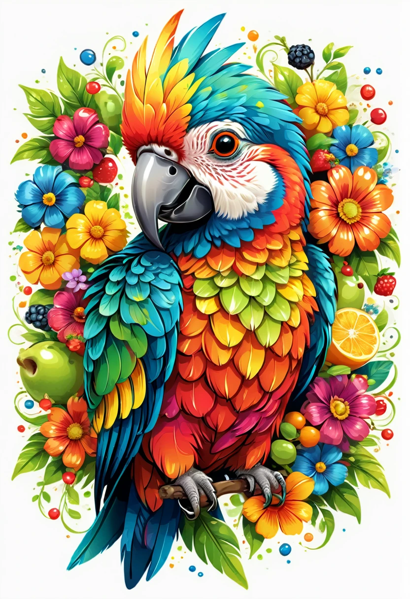  sticker, arte vetorial para  t-shirt design, of a colorful illustration of smiling little parrot, At the center, swirly vibrant colors, flowers, fruits, high détail,White background, t-shirt design.
(artwork, UHD quality, details in 16k, proffesional, perfect composition, very aesthetic, absurdrez, super verbose, Intricate details:1.3)