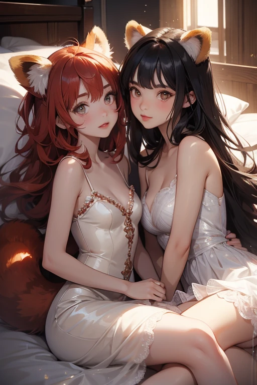 2girls, realistic, Grow red panda ears and a red panda tail, Intertwined, flirting, 2girls looking at each other, glitters, Realistic and beautiful light and shadow, dim sunlight, thin fog filter, Blushing, Disheveled, unkempt hair, Lie down in bed, Sparkling skin, glowing skin, Wearing a neat and seductive negligee, Exposed arms and legs