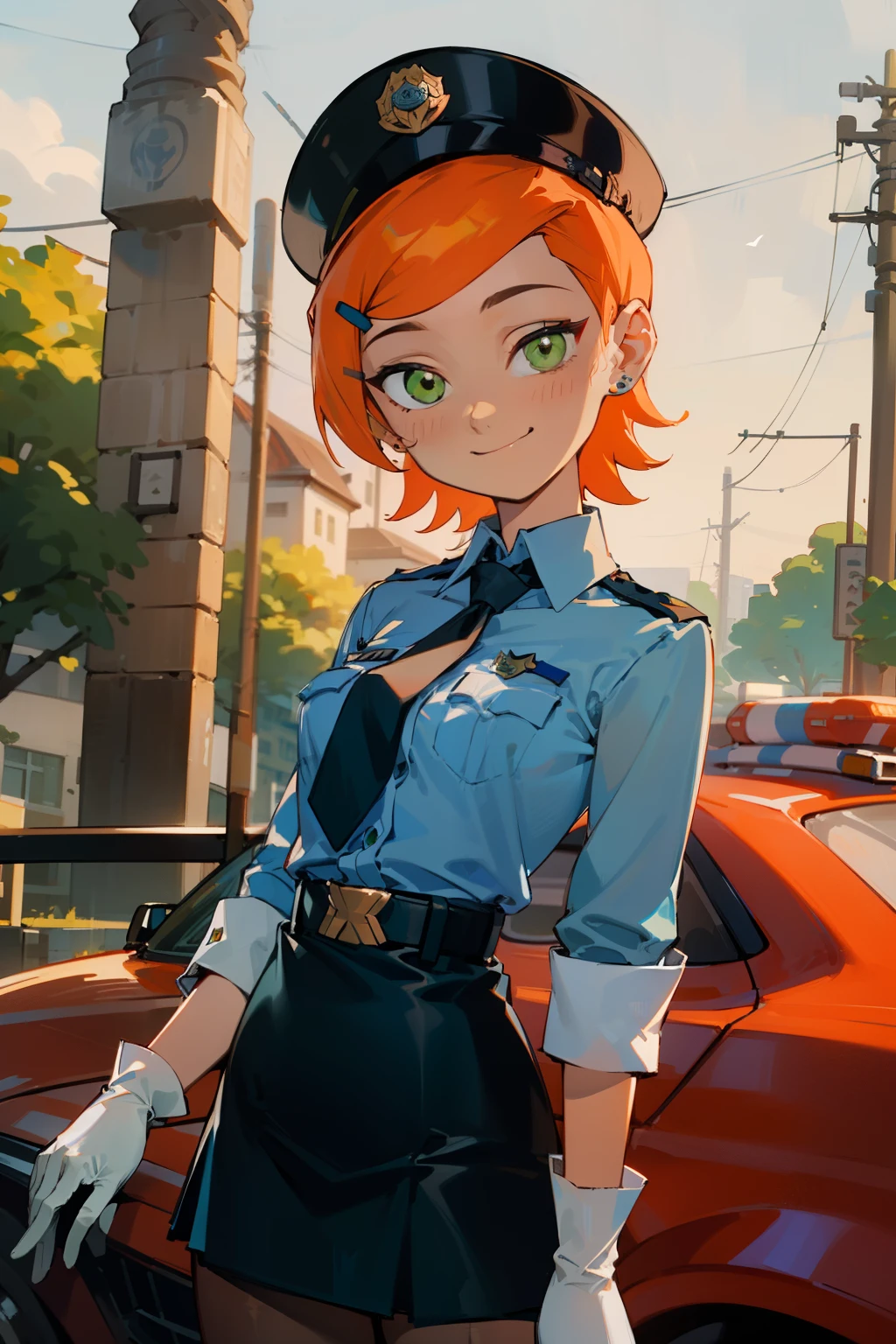 (masterpiece, best quality), 1girl(beautiful face, gwendolyn_tennyson, breasts, orange hair,  short hair, green eyes),detailed face, smile, solo, head tilt, police woman,  low blue shirts, belts,  dark blue  skirt,  brown pantyhose,  police hat, white gloves,  outdoor,  standing , sexy waist teasing,  a seductive pose 