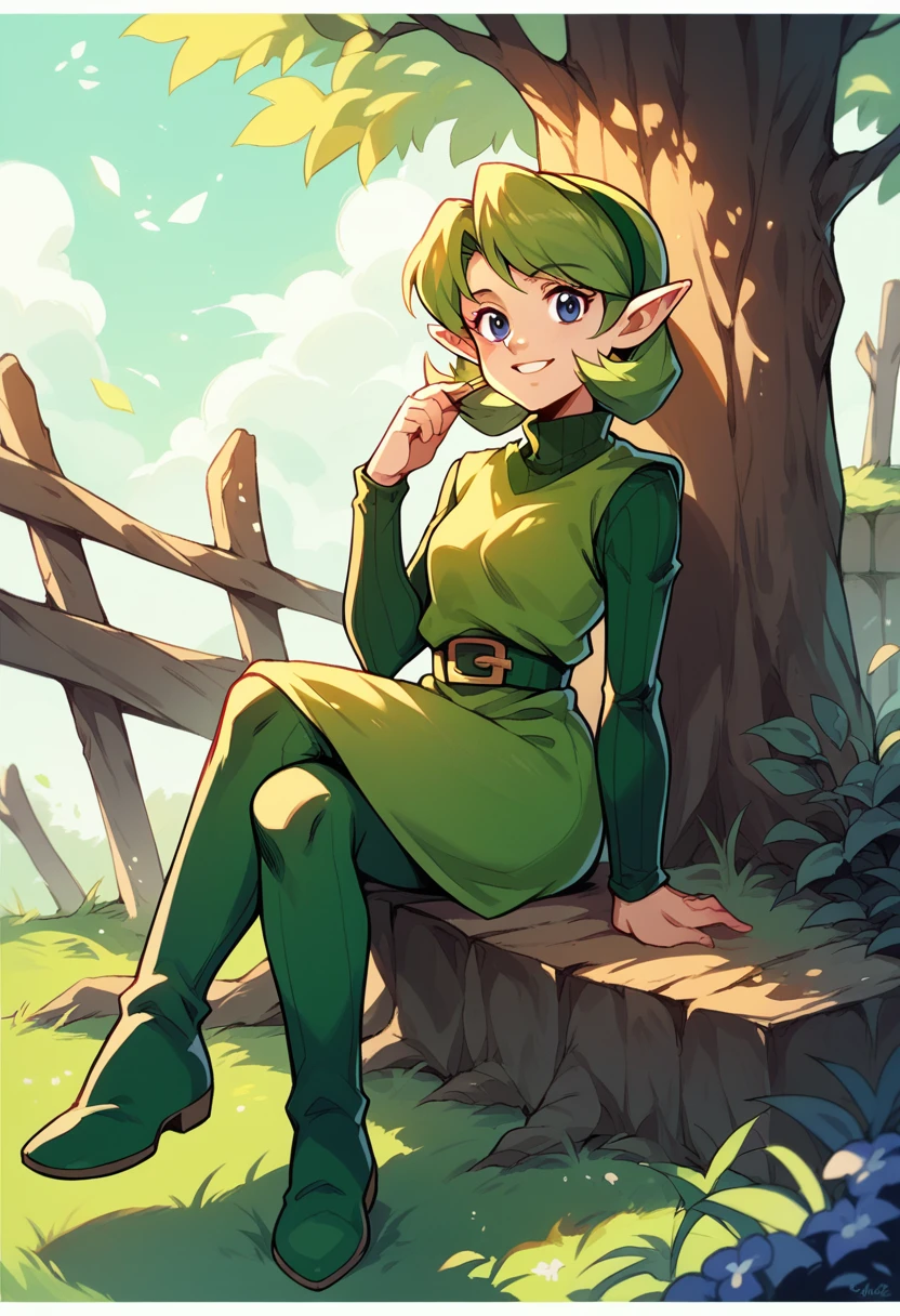 saria, sitting, crossed legs, wood, looking at viewer, smile, holdin an ocarina, green hair