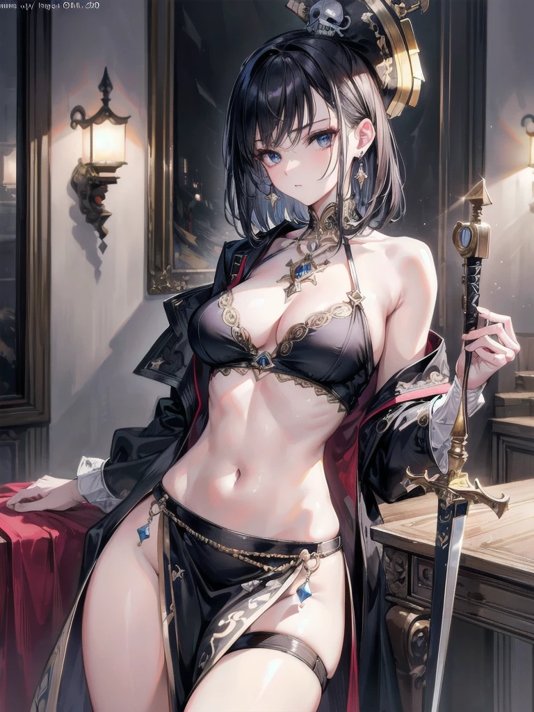 absurdres, RAW photo, extremely delicate and beautiful, masterpiece, Best Quality, ultra high resolution, 32k, hyperrealistic, ultra-detailed, perfect anatomy, super Detailed skin, perfect figure, Super Beauty, Perfect Style, Perfect balance, Beautiful Lighting, Perfect Lightning, Realistic Shadows, 20 years old, very Slim body, narrow waist, very small head, very small face, delicate facial features, handsome detailed woman, very detailed eyes and face, realistic face proportions, Realistic beautiful face, Realistic beautiful eyes, tearful mole, earring, very huge round breasts, legs, medium hair, whole body shot, indoor, ((intricate pirate clothing)), crop top, flintlock pistol, cutlass sword,