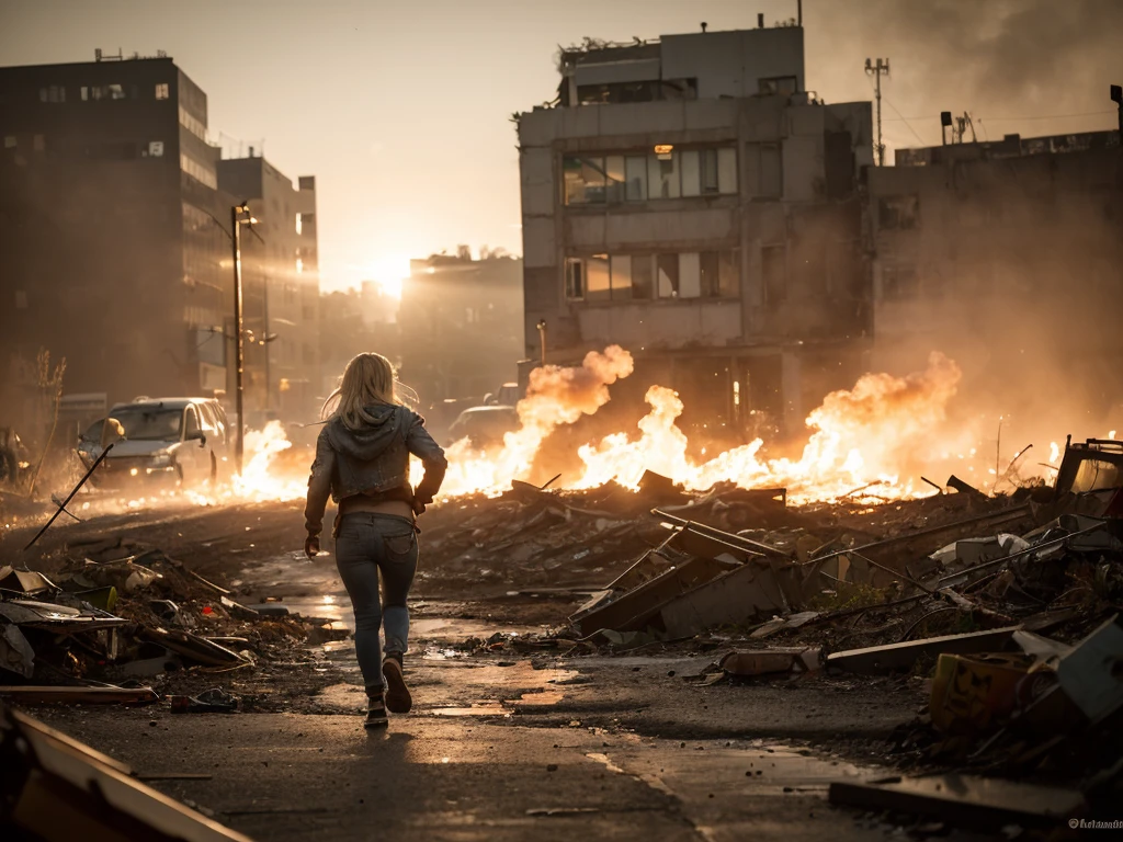 (((1 beautiful blonde woman, terrified expression, running in a future post apocalyptic street))), torn and ripped open denim jacket, bare breasts, dirty, grimy skin, ripped jeans, surrounding buildings heavily damaged, car wrecks, rubble, raining, fire, smoke, (((in the distance an angry zombie mob))), photo realistic, cinematic, masterpiece. [The character is surrounded by mist, evoking a mysterious and eerie atmosphere. The lighting is dark and atmospheric, with smoke adding a touch of sinister ambiance. Best quality image, HDR enhancement, showcasing the utmost level of detail and realism, full body shot:1.5]. [8K, Best Quality, Ultra High Resolution, (highly detailed CG unity 8k wallpaper), (best photo), cry, (best shadows), isometric 3D, octane rendering, ray tracing, highly detailed, (Best quality, 4K, 8k:1.2), absurdity, ultra detailed, (realistic, photorealistic, photorealistic:1.37), complex parts, HDR, (complex parts:1.12), (hyper detailed, hyper realistic, Soft lighting, spicy:1.2), (complex parts, Hyper detailed:1.15). Blurred foreground. (backlit), masterpiece, high quality, brightness, chromatic aberration, foggy smoke, shadows, ontrast, clear sky, (warm hue, warm tone), high details, natural reflections]. (YES SFW)
