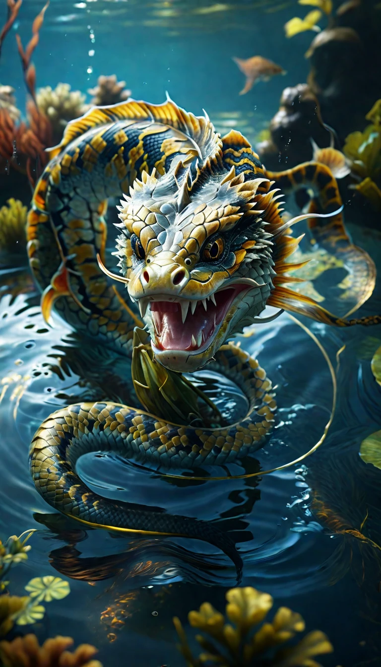 There is a creature in the water，Beast head，Fish body，Snake tail(best quality，4K，8k，High level，masterpiece：1.2），Ultra Detailed，（lifelike，Photo real，Photo real：1.37），Highly detailed animals，Complex patterns，Realistic lighting，Fantasy Creatures
