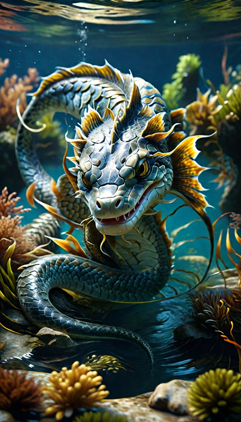 There is a creature in the water，Beast head，Fish body，Snake tail(best quality，4K，8k，High level，masterpiece：1.2），Ultra Detailed，（lifelike，Photo real，Photo real：1.37），Highly detailed animals，Complex patterns，Realistic lighting，Fantasy Creatures
