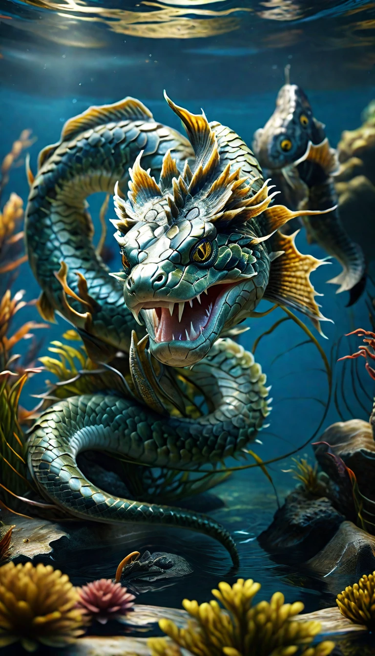 There is a creature in the water，Beast head，Fish body，Snake tail(best quality，4K，8k，High level，masterpiece：1.2），Ultra Detailed，（lifelike，Photo real，Photo real：1.37），Highly detailed animals，Complex patterns，Realistic lighting，Fantasy Creatures