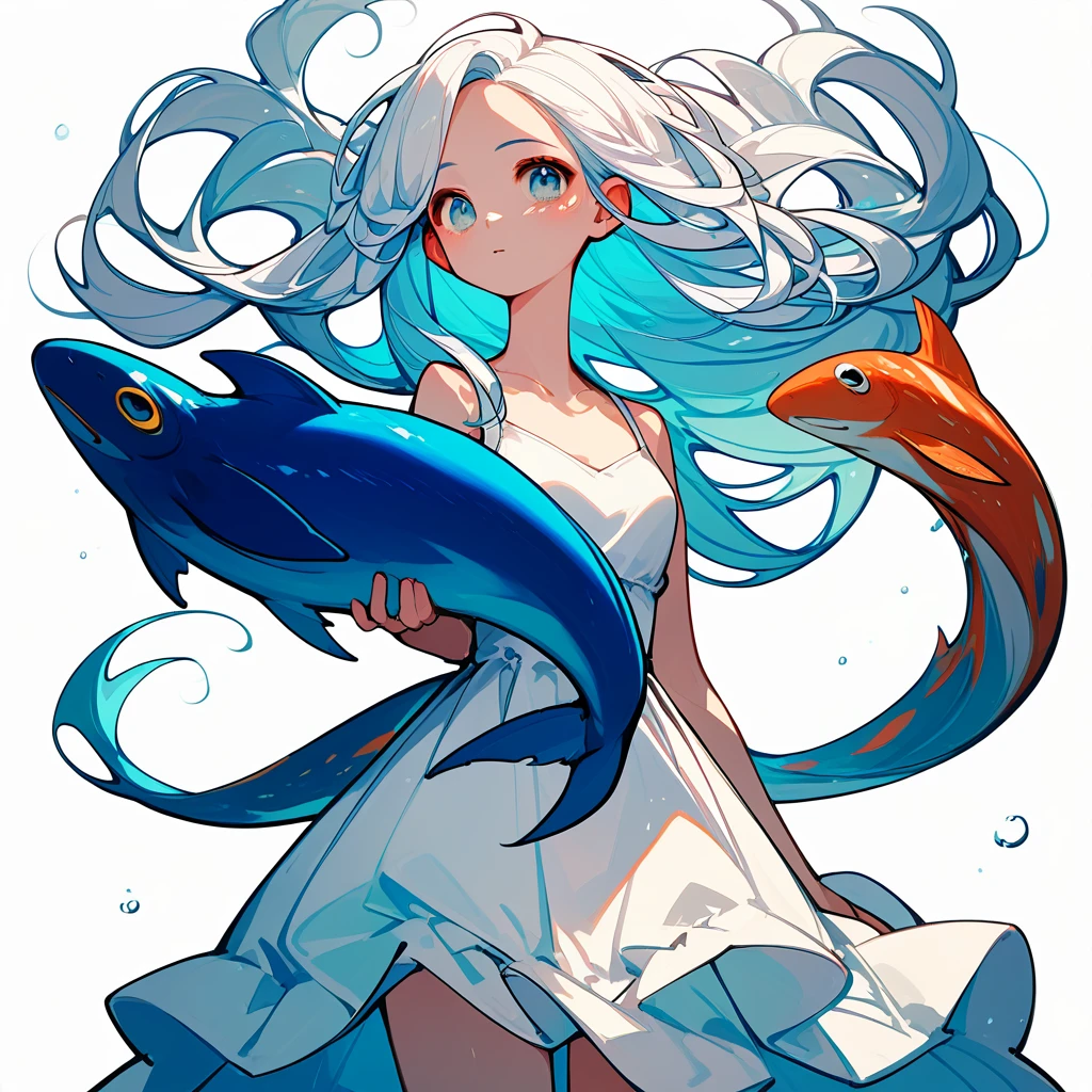 girl、ピンクの魚とgirl、Lots of fish、Pisces、curly white hair、White background、Simple clothes、White Dress