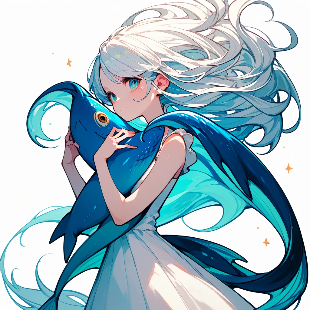 girl、ピンクの魚とgirl、Lots of fish、Pisces、curly white hair、White background、Simple clothes、White Dress