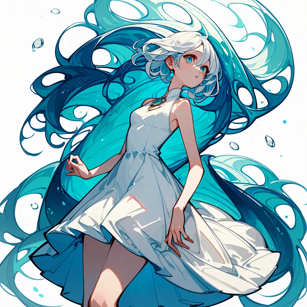 girl、ピンクの魚とgirl、Lots of fish、Pisces、curly white hair、White background、Simple clothes、White Dress