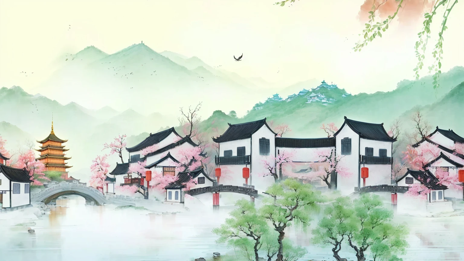 painting of a chinese village with a bridge and a pagoda, chinese watercolor style, chinese painting style, chinese style painting, dreamy chinese town, scenery artwork, beautiful art uhd 4 k, traditional chinese watercolor, japanese style painting, traditional chinese painting, chinese village, traditional chinese ink painting, chinese ink painting, inspired by Dong Qichang, a beautiful artwork illustration