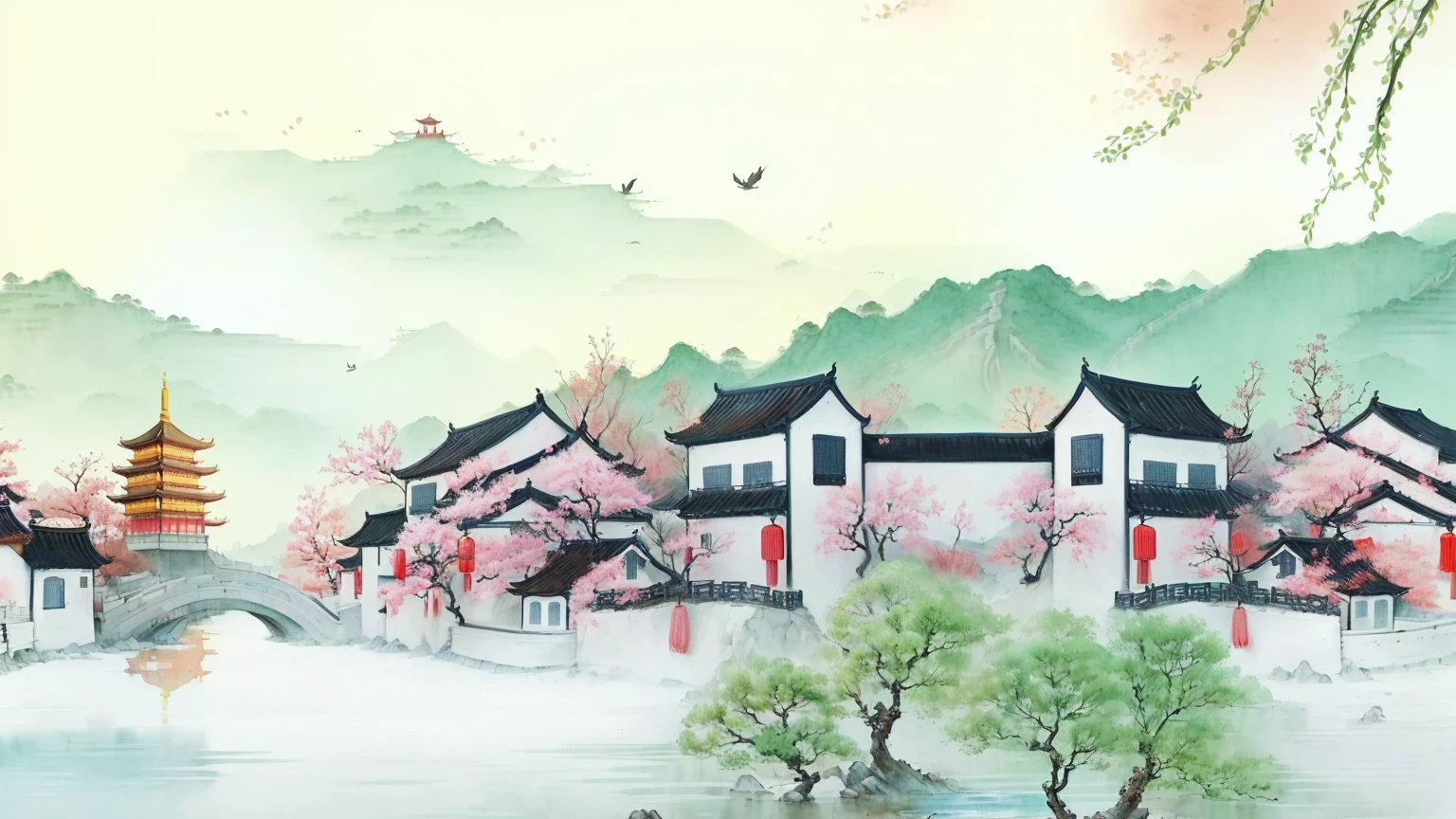 painting of a chinese village with a bridge and a pagoda, chinese watercolor style, chinese painting style, chinese style painting, dreamy chinese town, scenery artwork, beautiful art uhd 4 k, traditional chinese watercolor, japanese style painting, traditional chinese painting, chinese village, traditional chinese ink painting, chinese ink painting, inspired by Dong Qichang, a beautiful artwork illustration