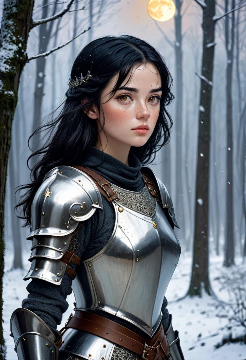 ((Best Quality)), ((Masterpiece)), (detailed), 1 girl, with freckles on his face, black hair, Brown eyes, he is wearing medieval armor, is in a forest with snowy weather while it is dawning, In the background you can see a moon