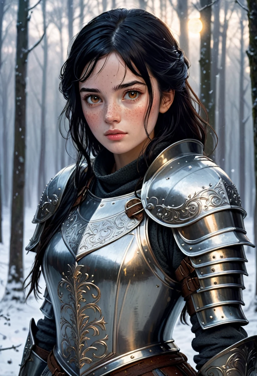 ((Best Quality)), ((Masterpiece)), (detailed), 1 girl, with freckles on his face, black hair, Brown eyes, he is wearing medieval armor, is in a forest with snowy weather while it is dawning, In the background you can see a moon