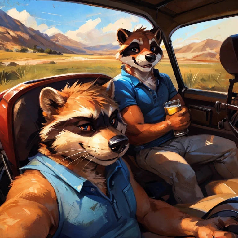 Two friends, raccoon, otter, on the road, in a classic car, on Route 66, close view of the characters,With good anatomy, drinking beers, By mystikfox61, By kenket