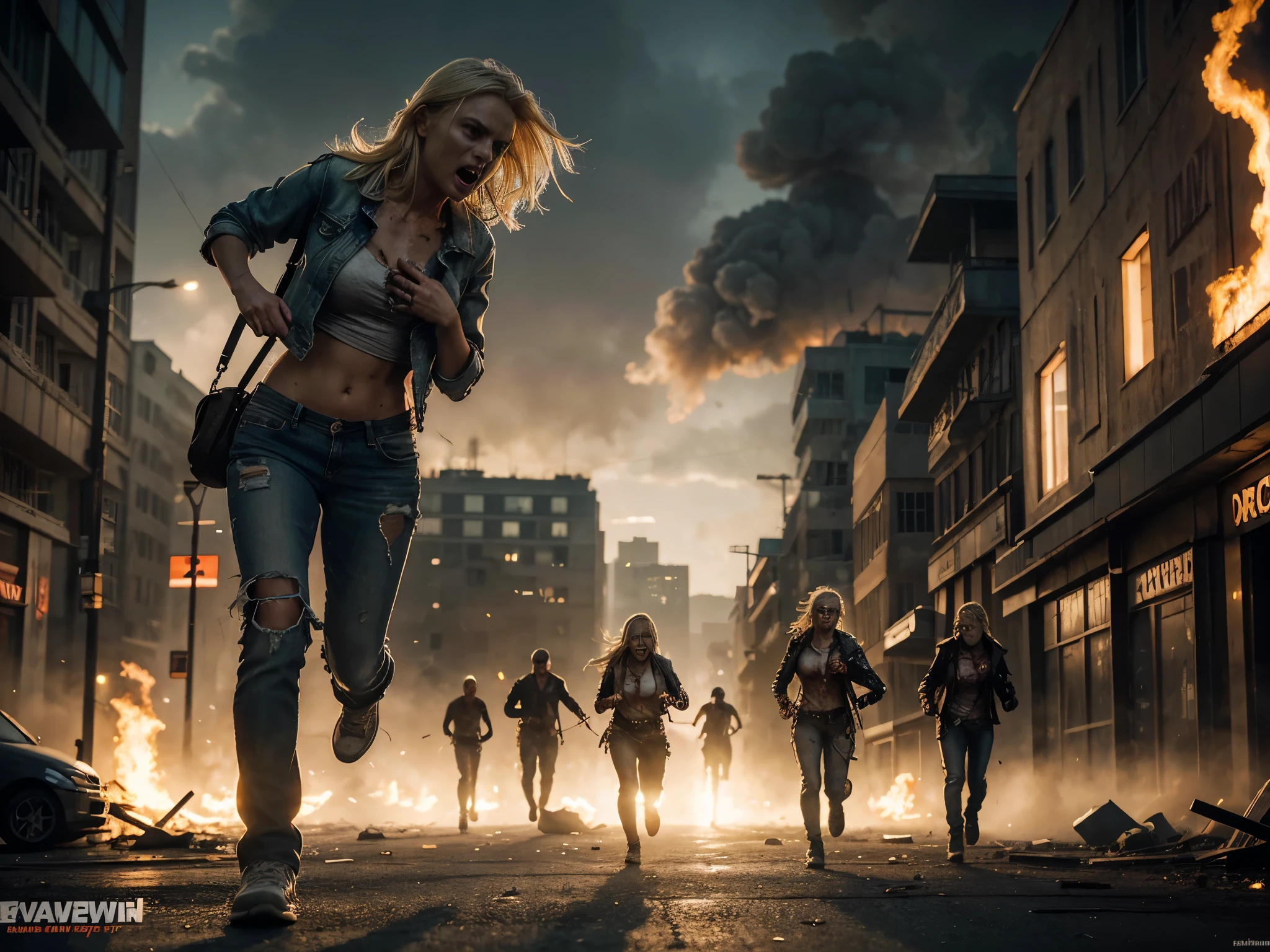 (((1 beautiful blonde woman, terrified expression, running in a future post apocalyptic street))), torn and ripped open denim jacket, bare breasts, dirty, grimy skin, ripped jeans, surrounding buildings heavily damaged, car wrecks, rubble, raining, fire, smoke, (((in the distance an angry zombie mob))), photo realistic, cinematic, masterpiece. [The character is surrounded by mist, evoking a mysterious and eerie atmosphere. The lighting is dark and atmospheric, with smoke adding a touch of sinister ambiance. Best quality image, HDR enhancement, showcasing the utmost level of detail and realism, full body shot:1.5]. [8K, Best Quality, Ultra High Resolution, (highly detailed CG unity 8k wallpaper), (best photo), cry, (best shadows), isometric 3D, octane rendering, ray tracing, highly detailed, (Best quality, 4K, 8k:1.2), absurdity, ultra detailed, (realistic, photorealistic, photorealistic:1.37), complex parts, HDR, (complex parts:1.12), (hyper detailed, hyper realistic, Soft lighting, spicy:1.2), (complex parts, Hyper detailed:1.15). Blurred foreground. (backlit), masterpiece, high quality, brightness, chromatic aberration, foggy smoke, shadows, ontrast, clear sky, (warm hue, warm tone), high details, natural reflections]. (YES SFW)