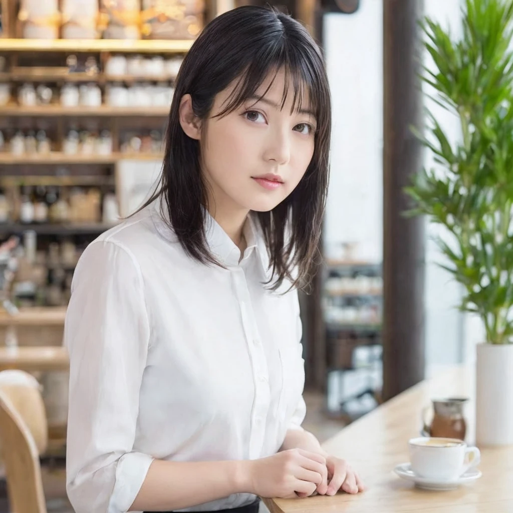 whiteroom, 1 person, Japanese woman, look at the camera, H~I cup, model's expression, silver ratio, cute, middle black hair, concept cafe clerk, erotic, eye color brown,(8K, 4K, Best Quality, High Definition, Ultra High Definition: 1.1), (Masterpiece, Realistic, Photorealistic: 1.1), 1girl, Japanese woman, model's expression,
