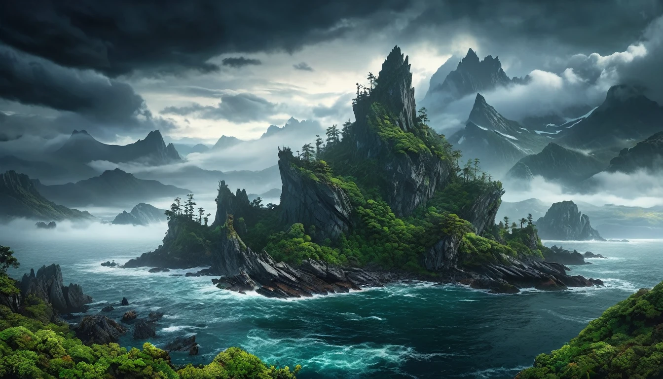 a mysterious and inaccessible dark fantasy island, rocky and rugged coastline, tall mountains with peaks hidden in the clouds, dragon island, ominous atmosphere, dramatic lighting, moody and dramatic colors, (best quality,4k,8k,highres,masterpiece:1.2),ultra-detailed,(realistic,photorealistic,photo-realistic:1.37),dramatic lighting,moody colors,dark fantasy,horror,fantasy,dramatic clouds,rocky mountains,fog,mist,dramatic coastline,jagged rocks,dragon,mystical island,dense forests,overgrown vegetation,abandoned structures,ruins,crumbling architecture