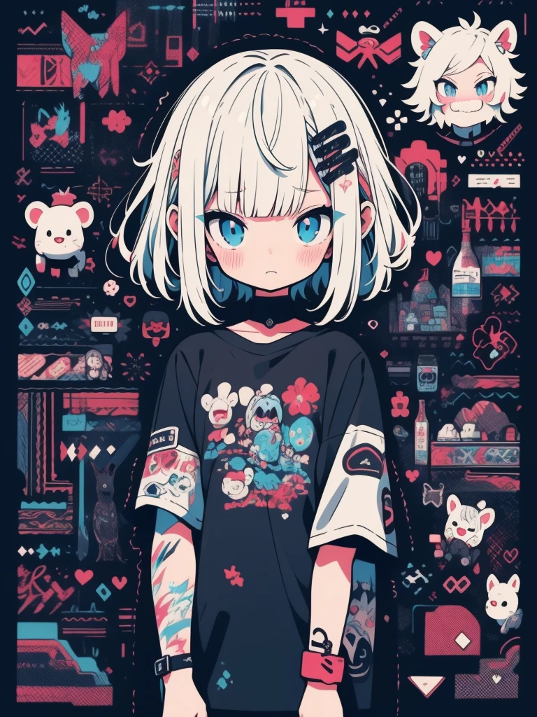high quality、Dark Color Palette、high resolution、cute 、An unprecedented number of draws、Anime Style、Geometric background、white guitar、 Semi-acoustic guitar、Sticker Style、short hair、Wolf Hair、Gray Hair、Blue eyes, Until death, title, Baggy clothes, self-harm, teacher, dark, Pushed down, Eye bags, Heavy Eyes, Blue Eyes, Blood, scared, EroGuro, Bear, Neon Light, Eye strain, fail, Retro, scared,
