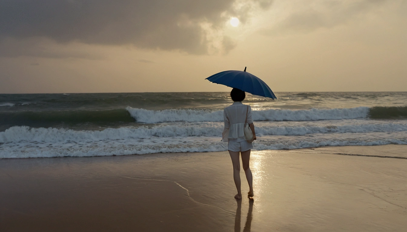 8k, realistic, lifelike photo, Realistic appearance of nature, beach at sunset, pale light, umbrella, rain, 36 year old Korean woman, short medium hair, Woman standing in endless beach waves. Close-up from afar with a wide-angle lens, tower, White shorts, waves crashing, Clear picture quality, 검은 umbrella을 쓰고, walking on the beach
