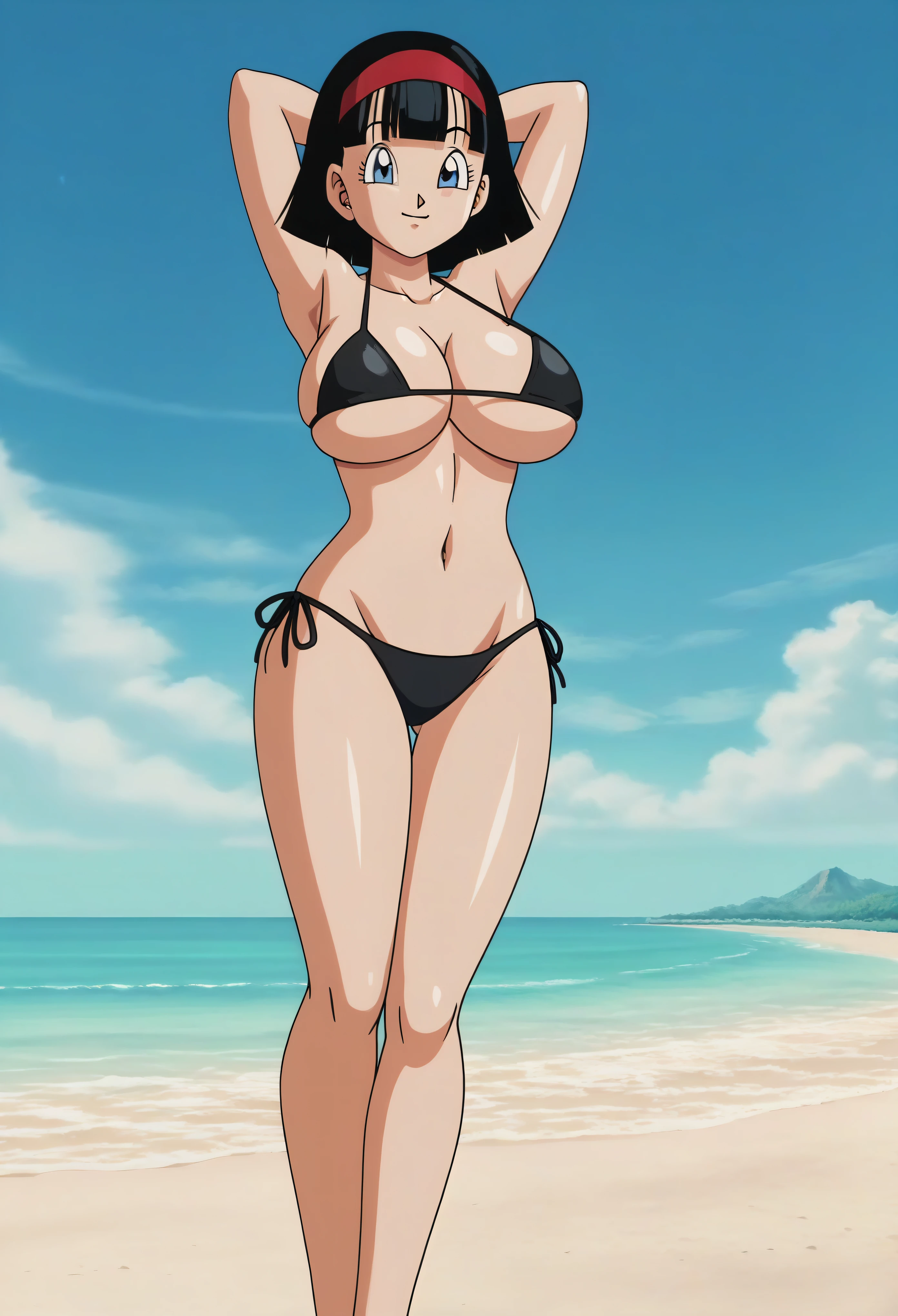 source_anime, score_9, score_8_up, score_7_up, anime screencap,8k, absurd res,
videl, dragon ball super, bob cut, 1girl, solo, breasts, short hair, blue eyes, large breasts, black hair, full body, 
 (extremely detailed CG unity 4k wallpaper),(masterpiece),(best quality),(ultra-detailed),(best illustration),(best shadow),(absurdres),(detailed background), looking_at_viewer, smile, large_breasts, cleavage, bare_shoulders, standing, hands behind head, collarbone, long_legs, black underwear, from_below, breasts, large breasts, big breasts, huge breasts, big tits, giant breasts, small bikini, bikini, bare shoulders, bare arms, underboob, beach, ocean, island background 
