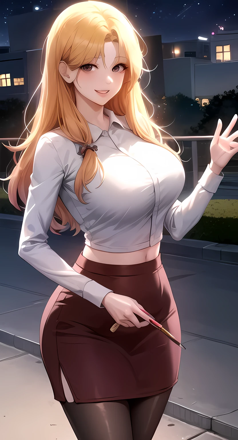 bada, 1girl, solo, blonde hair, long hair,  large breast, looking at viewer, smile, shirt, skirt, loose shirt, upperboob, bare shoulders, pencil skirt, pantyhose, night, outdoors, street, long sleeves