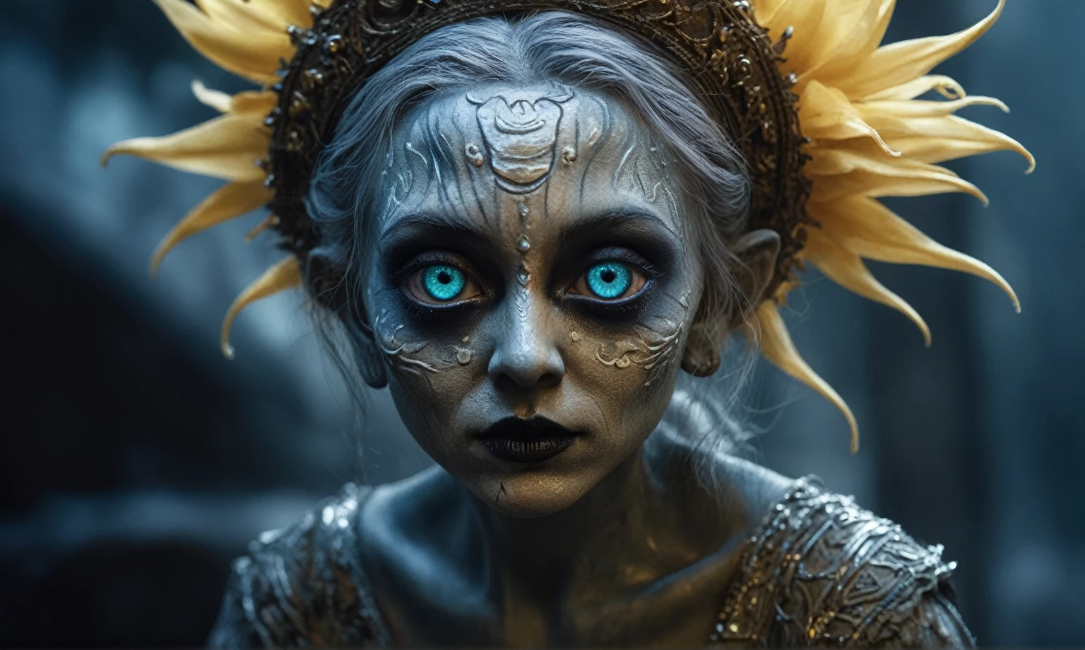 Magical plant ghost flower, ghost flower,carismatic，Incredible，terror ,extremely detailed,intricate details,big eyes extremely detailed, high detailed eyes,16k resolution, realistic humid skin,extremely intricate details,Epic Realistic,face anatomically correct,Ultra HD,HDR, natural skin textures, hyper realism,realistic skin texture, hyper detailed,extremely Realism,Ultra Detailed,body logically correct,full body length shot,beggar graphite Manganite sparas, wants eat,survival in criminal city of future,Cinematic,soft colors, Technicolor,natural skin textures, hyper realism, hyper detailed,Extremely detailed,High contrast,Masterpiece,Realistic,Ultra Detailed, intricate details,realistic humid leather,extremly intricate,Epic Realistic, cinematic style,irina yermolova,high contrast,hdr,extremely detailed, [deep night landscape],masterpiece,intricate details,faded,eyes extremely detailed, high detailed eyes,16k resolution,RAW,retina, Nikon Z9,Songbird,orc,Guangxi Zhuang of China,tkt style, Pisces,perfect, ginger，transition between two art styles, Ink painting to photorealism, Double contact, X-ray, Creative, vivid light, masterpiece, fantasy, Abstract, Surrealism, super detailed, high resolution, stop:35,(((creature with a spectral and ghostly appearance)). Her skin is pale, almost translucent.wears dark, torn clothes that float around him, as if permeated by an aura of mourning. Its appearance is complemented by details such symbols of gothic elements, further emphasizing its dark air. is haunted and tormented entity,pixar movie still,Silver-gold long hair with bangs、Aquamarine Eyes,matte silver sequined dress,Mestichino,Light particles,chaos