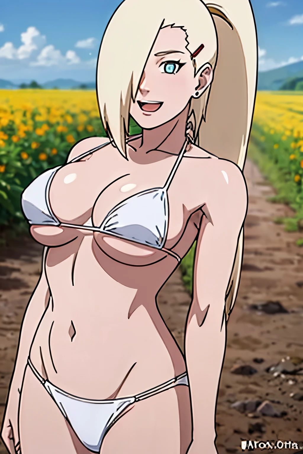 (White bikini:1.5), Ino yamanaka, ultra details, ultra detailed hair, looking at the viewer, gorgeous, attractive, groin, cowboy shot, ultra detailed face, (ultra detailed body:1.7), sunny day, day time, shiny skin, upper body view, anime style, solo, detailed flower field, blonde, (focus on breasts), ((one eye covered with hair, hair over eye, ponytail)), (medium breasts), belly button, looking at the viewer, thick arms, (off-shoulders, wide shoulders, curving body), hidden eye, smile, open mouth, very happy, tall, hair clip, sharp look, sharp face, sharp eye, cold colors,