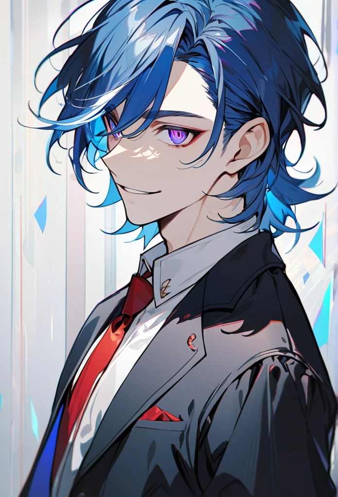 Handsome, 1 male, solo, medium length hair, with bangs, bright blue hair with hidden white highlights, sharp eyes, purple eyes, white shirt, red tie, black jacket, black pants, smile facial, half body shot.