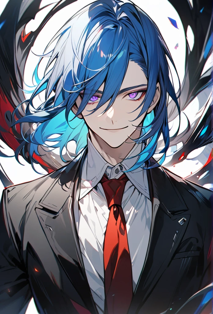 Handsome, 1 male, solo, medium length hair, with bangs, bright blue hair with hidden white highlights, sharp eyes, purple eyes, white shirt, red tie, black jacket, black pants, smile facial, half body shot.