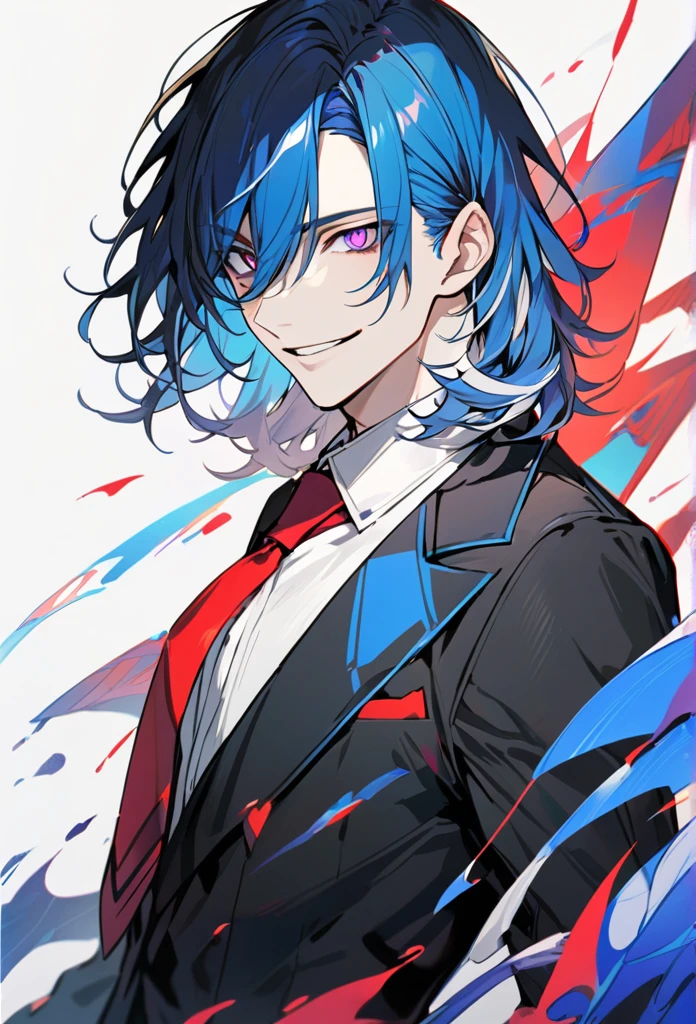 Handsome, 1 male, solo, medium length hair, with bangs, bright blue hair with hidden white highlights, sharp eyes, purple eyes, white shirt, red tie, black jacket, black pants, smile facial, half body shot.