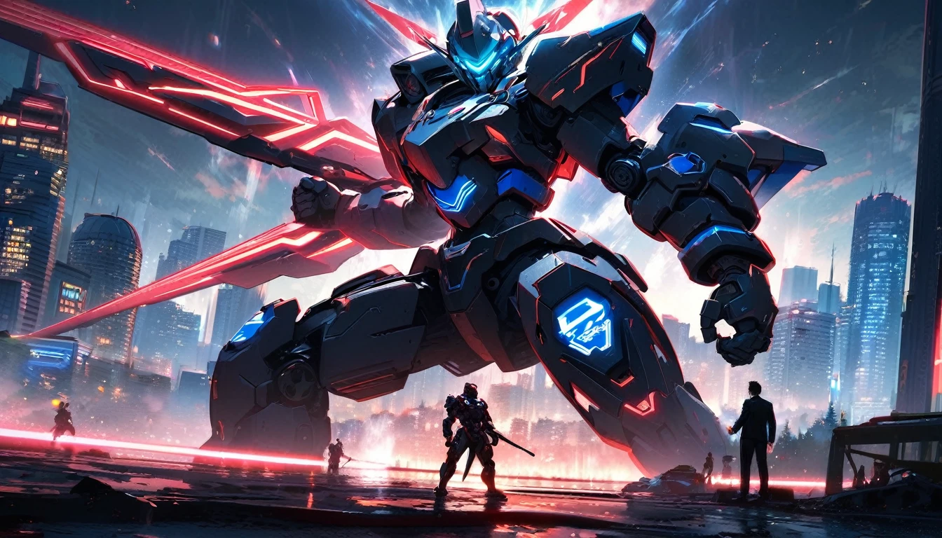 Mech suit, standing, viewing the city,, Vancouver, high-quality artwork, metal armour, intense lighting, cityscape background, heroic pose, dramatic shadows, black suit with red neon lights, hockey helmet with blue visor, video game, blue electric fists, futuristic