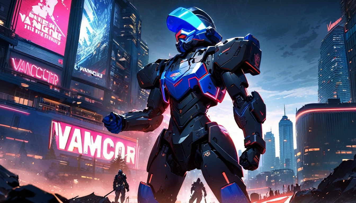 Mech suit, standing, viewing the city,, Vancouver, high-quality artwork, metal armour, intense lighting, cityscape background, heroic pose, dramatic shadows, black suit with red neon lights, hockey helmet with blue visor, video game, blue electric fists, futuristic