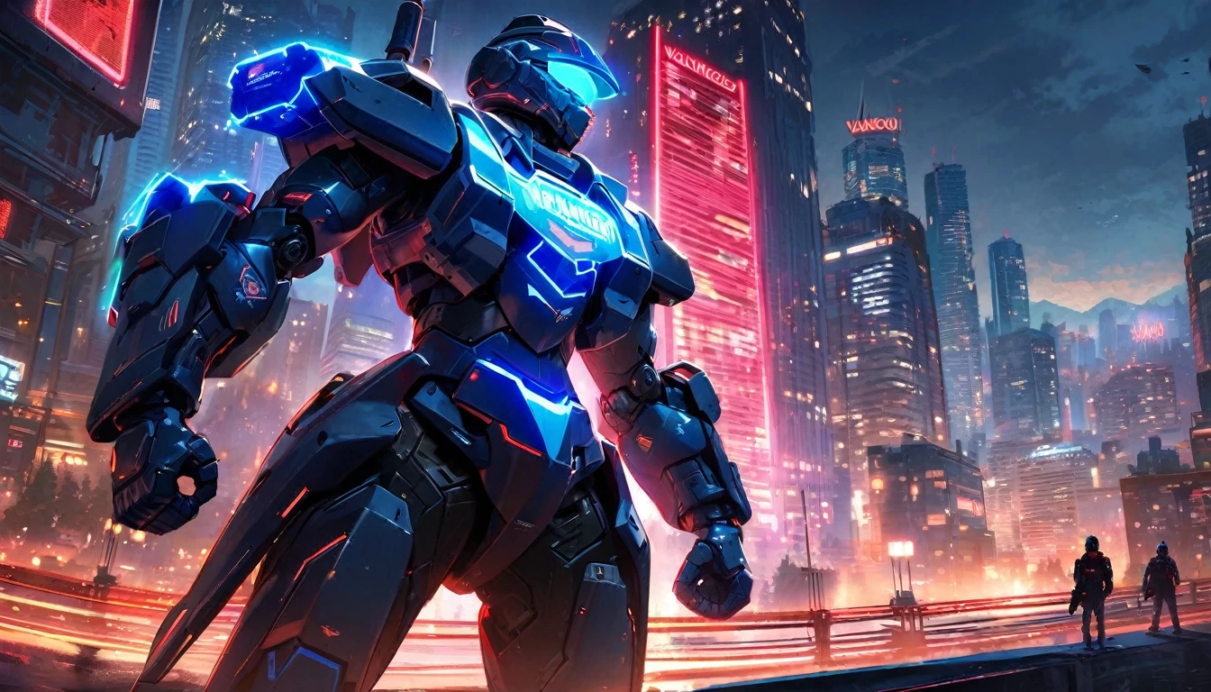 Mech suit, standing, viewing the city,, Vancouver, high-quality artwork, metal armour, intense lighting, cityscape background, heroic pose, dramatic shadows, black suit with red neon lights, hockey helmet with blue visor, video game, blue electric fists, futuristic