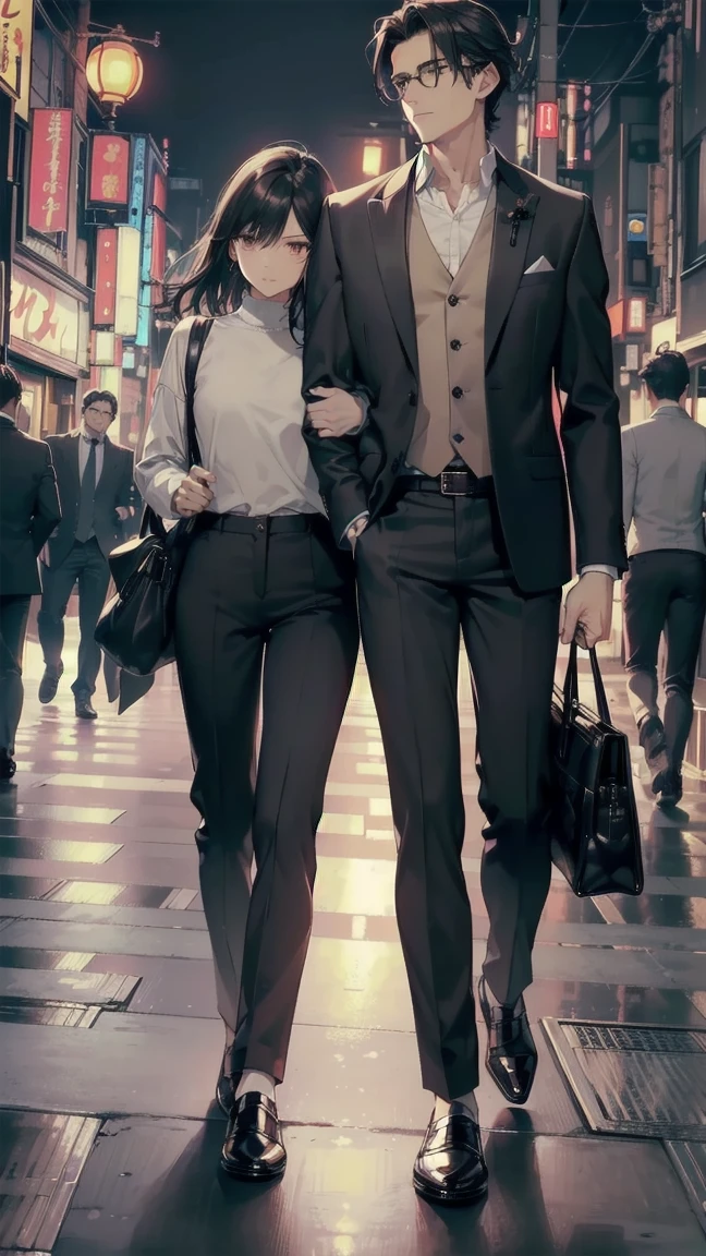 masculine, elegant, mature boy, high school student, dark brown haired boy, masculine, manly, small rear, beautiful detailed full dark brown eyes, wearing glasses, perfect eyes, ropa juvenil elegant hombre, black pants, the boy is more mature, mature boy)) (detailed lighting), ((detailed background)), ((romantic date at night walking through the streets of Tokyo)), full body shot, ((5 perfect every finger, perfect end, whole finger, perfect finger, perfect arm)) ((man and woman)) is much smaller than the boy))) ((couple of a girl and a boy)) ((big)) (((the boy is very tall, the girl is very short))) ((perfect fingers, perfect hands)) ((perfect feet)) ((kiss face to face, very close)) ((perfect detailed face)).look at each other