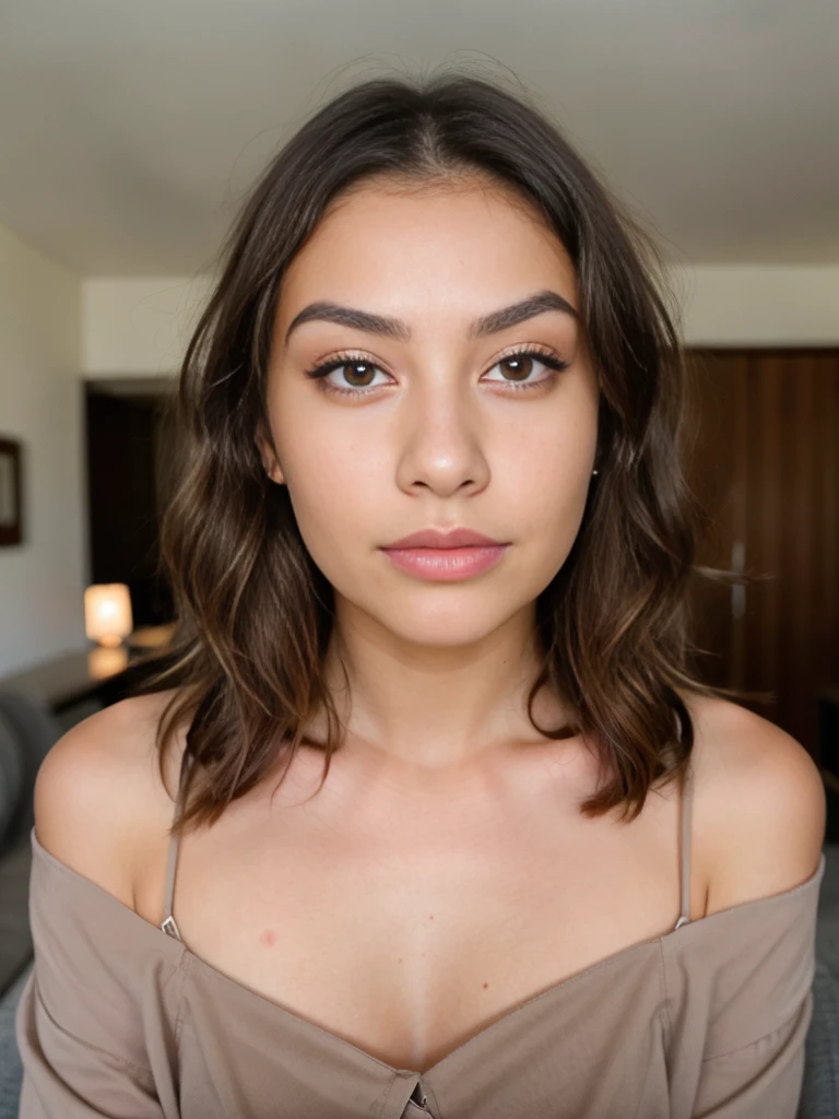 A beautiful girl, face detail, brown eyes, almond eye shape, innocent gaze, big lips, heart faceshape, little nose, standing in a living room, very detailed, naturally wavy brown hair, high quality, small wrinkles, 4k, extremely detailed, small dark circles, mole, imperfections, medium arch eyebrows shape, thick eyebrow