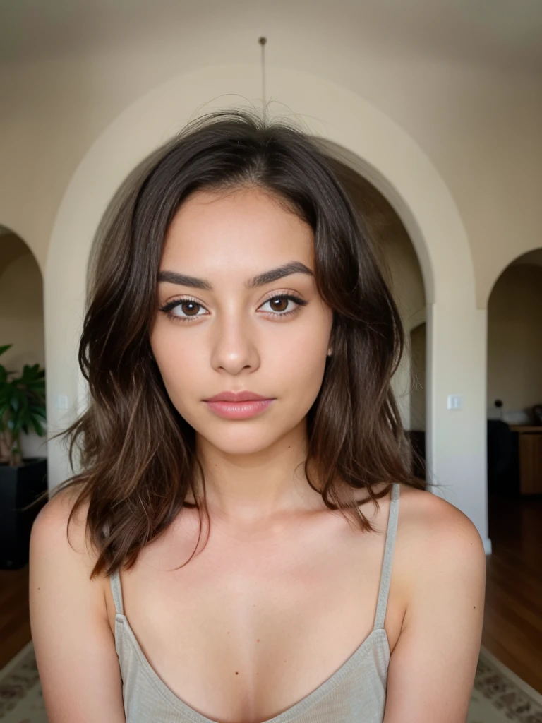 A beautiful girl, face detail, brown eyes, almond eye shape, innocent gaze, big lips, heart faceshape, little nose, standing in a living room, very detailed, naturally wavy brown hair, high quality, small wrinkles, 4k, extremely detailed, small dark circles, mole, imperfections, medium arch eyebrows shape, thick eyebrow