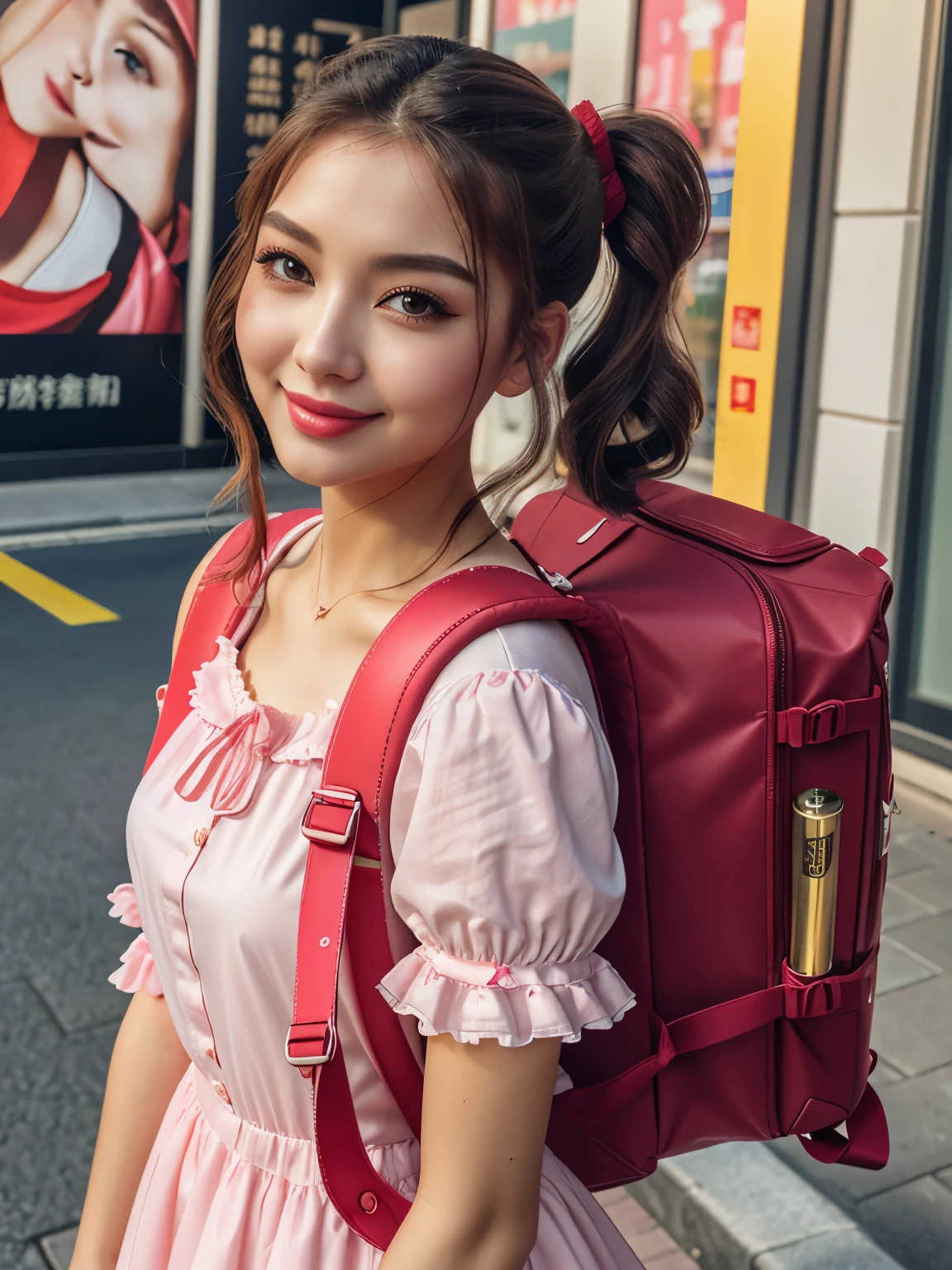 (highest quality、masterpiece、8K、best image quality、hyper realism、Award-winning work)、(solo:1.1)、(1 photo:1.1)、(Feminine and girly cute light pink frilly ta dress:1.2)、(Perfect straight twin tails:1.2)、(low length:1.1)、(Height: 160cm:1.1)、small breasts、emphasize body line、slender body、Standing gracefull、Full body photo of a woman standing gracefully、accurate anatomy、perfect makeup、long eyelashes、glossy lips、Ultra high definition glossy skin、(Ultra-high definition bright and beautiful skin:1.1)、Ultra-high definition glossy lips、Super high definition beautiful teeth, wearing red backpack, travel backpack, rugsack (red backpack:1.2)
