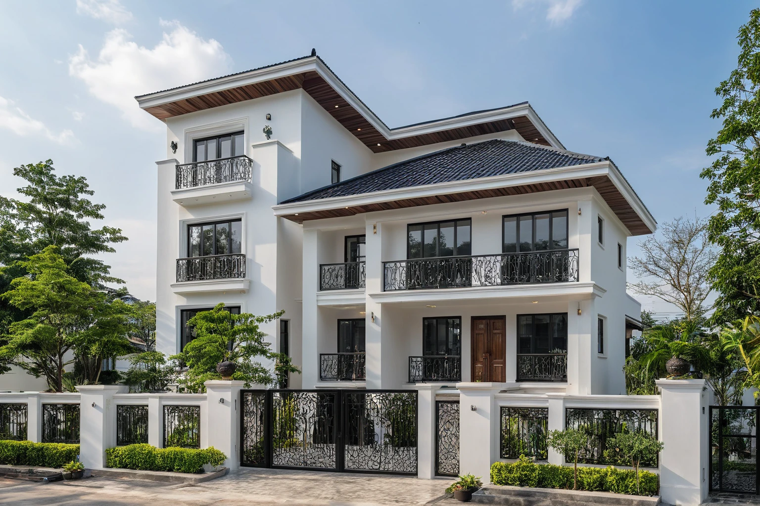 (masterpiece:1.2), best quality, photo of A two-story modern house in VietNam with white walls and dark tiles on the roof., tree and plant environment,black detail and (wooden ceiling:1.2), daylight, streetcapes, natural light, vivid color, The exterior of an elegant single family home features large windows, a dark gray door frame.