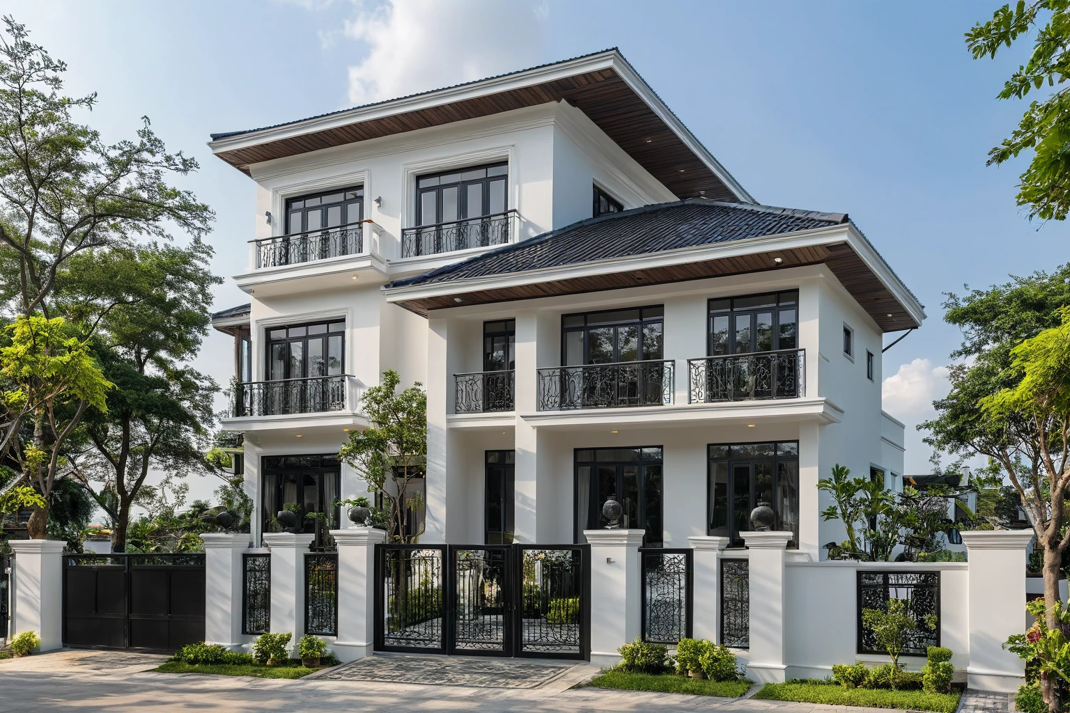 (masterpiece:1.2), best quality, photo of A two-story modern house in VietNam with white walls and dark tiles on the roof., tree and plant environment,black detail and (wooden ceiling:1.2), daylight, streetcapes, natural light, vivid color, The exterior of an elegant single family home features large windows, a dark gray door frame.