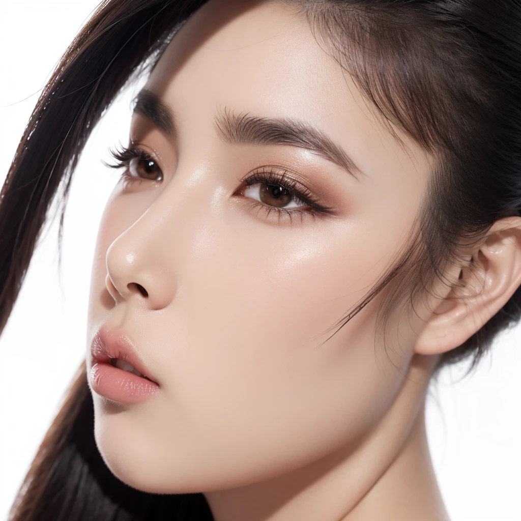 Professional studio portrait of an Asian female lash salon model, left side profile (90 degrees), striking eyebrows and long eyelashes, white background, high-key lighting, beauty photography, detailed facial features, sharp focus, dramatic eye makeup, bold lipstick, flawless skin